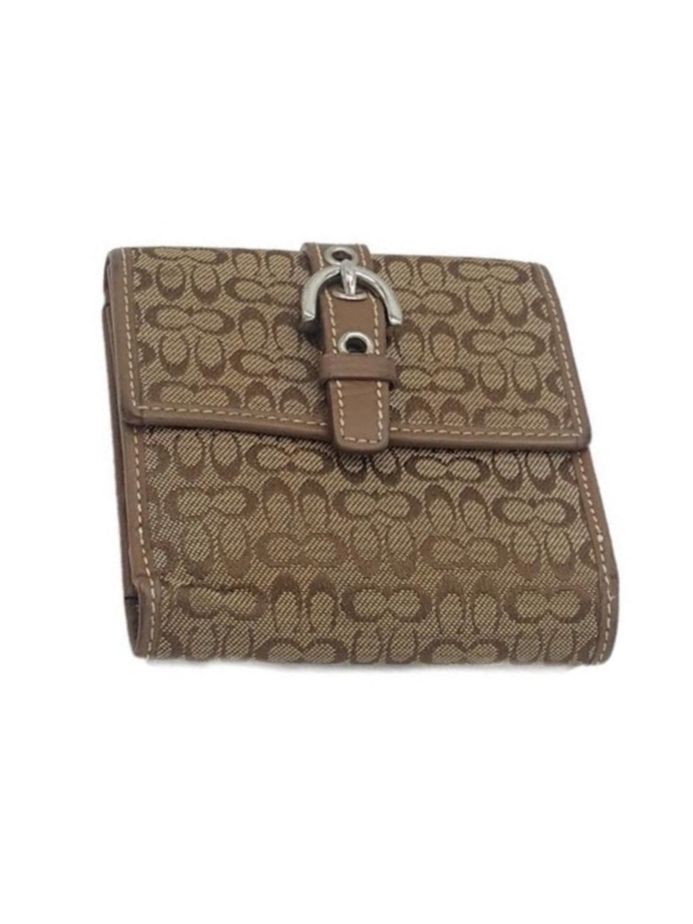 Coach Ashley Signature Logo Small Tan Bifold Wallet Buckle Snap Closure